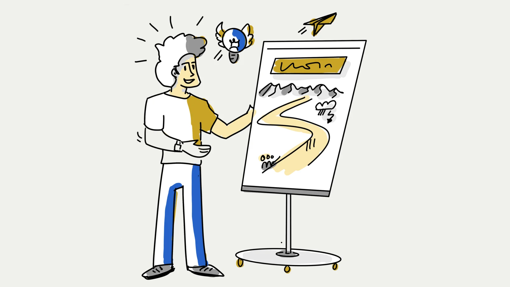 Mann zeichnet auf Flipchart